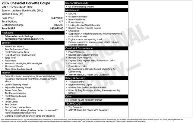 2007 Chevrolet Corvette Base for sale in Fairfax, VA