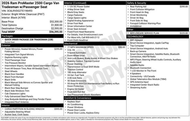 2026 RAM ProMaster 2500 Cargo Van Tradesman High Roof 159 WB w/Pass Seat 2026 RAM ProMaster 2500 Cargo Van Tradesman High Roof 159 WB w/Pass Seat