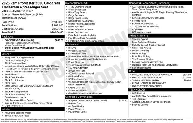 2026 RAM ProMaster 2500 Cargo Van Tradesman High Roof 159 WB w/Pass Seat
