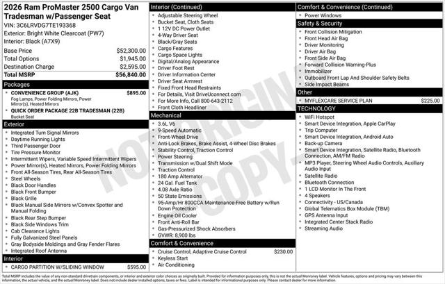 2026 RAM ProMaster 2500 Cargo Van Tradesman High Roof 159 WB w/Pass Seat