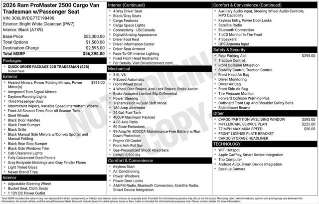 2026 RAM ProMaster 2500 Cargo Van Tradesman High Roof 159 WB w/Pass Seat