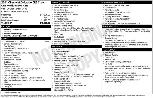 Used 2021 Chevrolet Colorado 4WD Crew Cab Short Box ZR2 For Sale in Muscle Shoals, AL