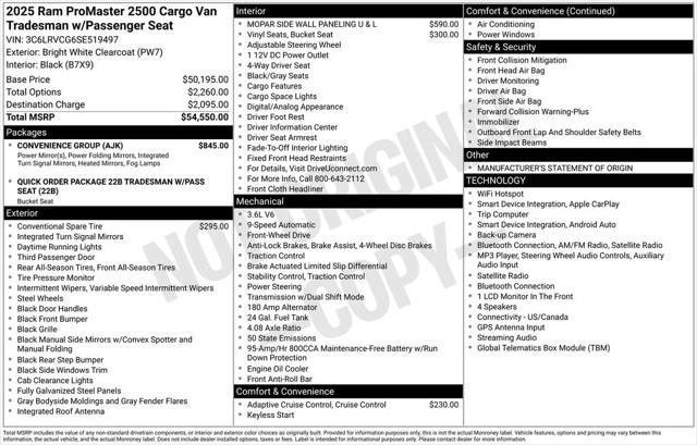 2025 RAM ProMaster 2500 Cargo Van Tradesman High Roof 136 WB w/Pass Seat