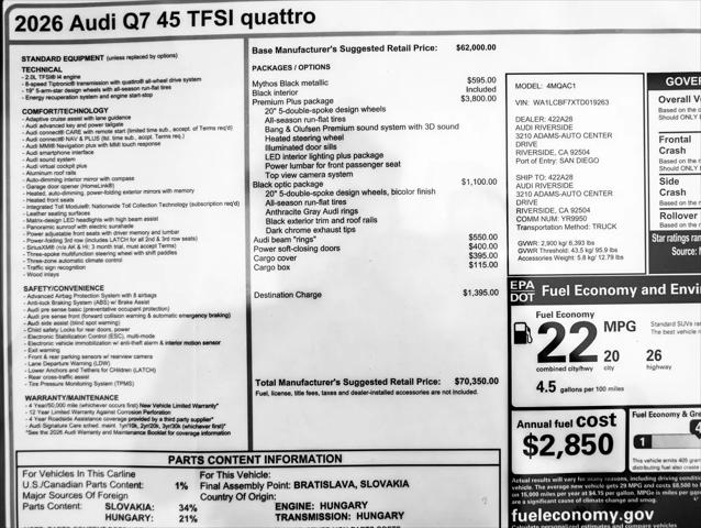 2026 Audi Q7 Premium Plus 45 TFSI quattro tiptronic