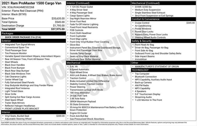 2021 Ram ProMaster Cargo Van Low Roof 136" WB