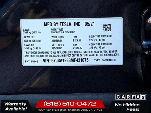 2021 Tesla Model S Plaid Tri Motor All-Wheel Drive