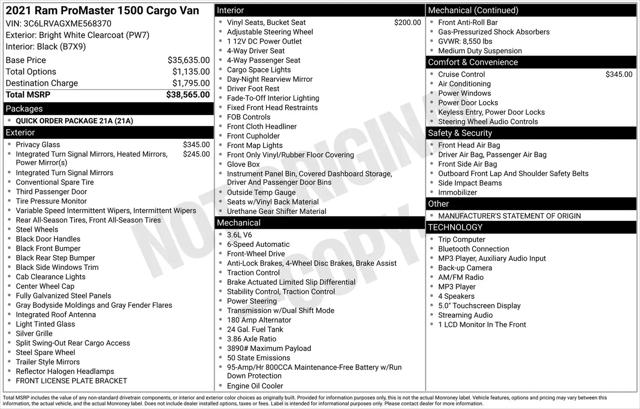 2021 Ram ProMaster Cargo Van Low Roof 136" WB for sale in Chesterton, IN