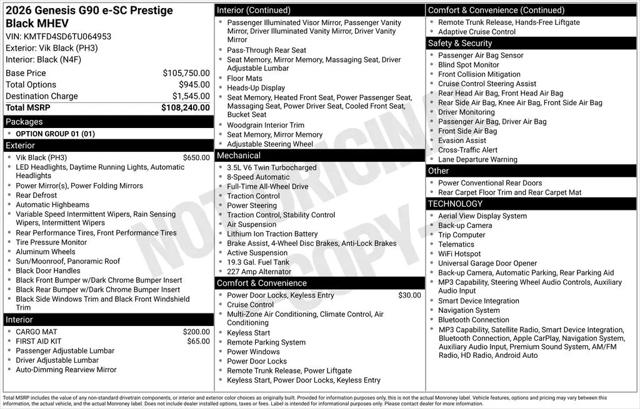 2026 Genesis G90 3.5T E-SC Prestige Black AWD