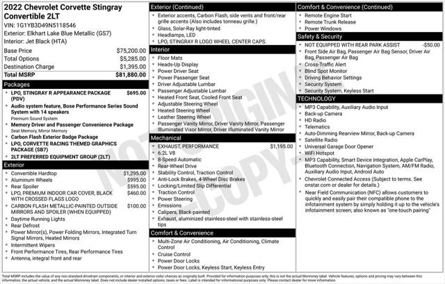 Used 2022 Chevrolet Corvette Stingray RWD Convertible 2LT For Sale in Waterford Twp, MI