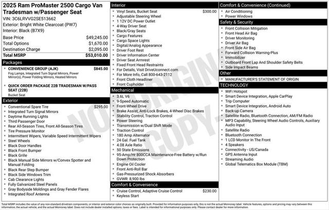 2025 RAM ProMaster 2500 Cargo Van Tradesman Low Roof 136 WB w/Pass Seat 2025 RAM ProMaster 2500 Cargo Van Tradesman Low Roof 136 WB w/Pass Seat