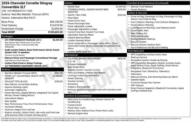 Used 2026 Chevrolet Corvette Stingray Convertible  2LT  RWD For Sale in Muscle Shoals, AL