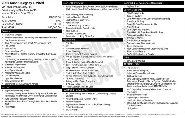 2020 Subaru Legacy Limited for sale in Somerset, MA