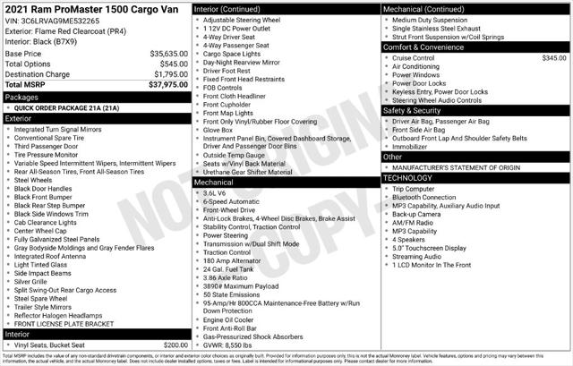 2021 Ram ProMaster Cargo Van Low Roof 136 WB