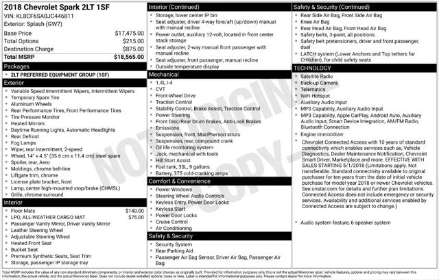 2018 Chevrolet Spark 2LT CVT for sale near Norwalk, OH